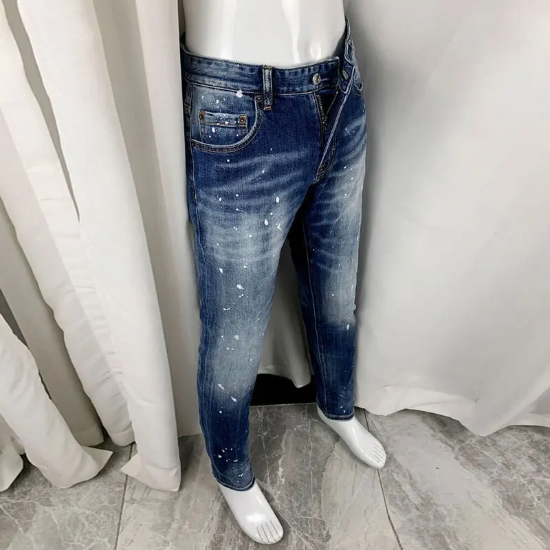 Newly Designer Fashion Men Jeans High Quality Retro Blue Stretch Slim Fit Ripped Jeans Men Painted Hip Hop Brand Pants Hombre