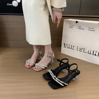 Womens Silver Metallic Square Toe Block Heel Sandals With Rhinestone Strap Ankle Strap Buckle Elegant Wedding Party Prom Shoes