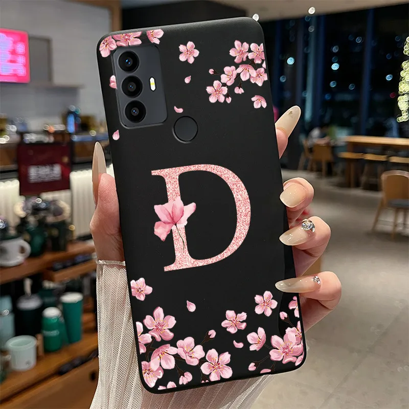 Floral Initial Letter Soft Silicone Protective Phone Case - Black