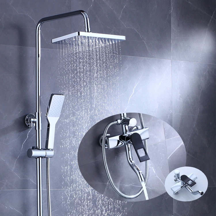 

Bathroom Exposed Thermostatic Chrome Brass Bathroom Rain Shower Column System Faucet Mixer Tap Taps Kits Shower Set