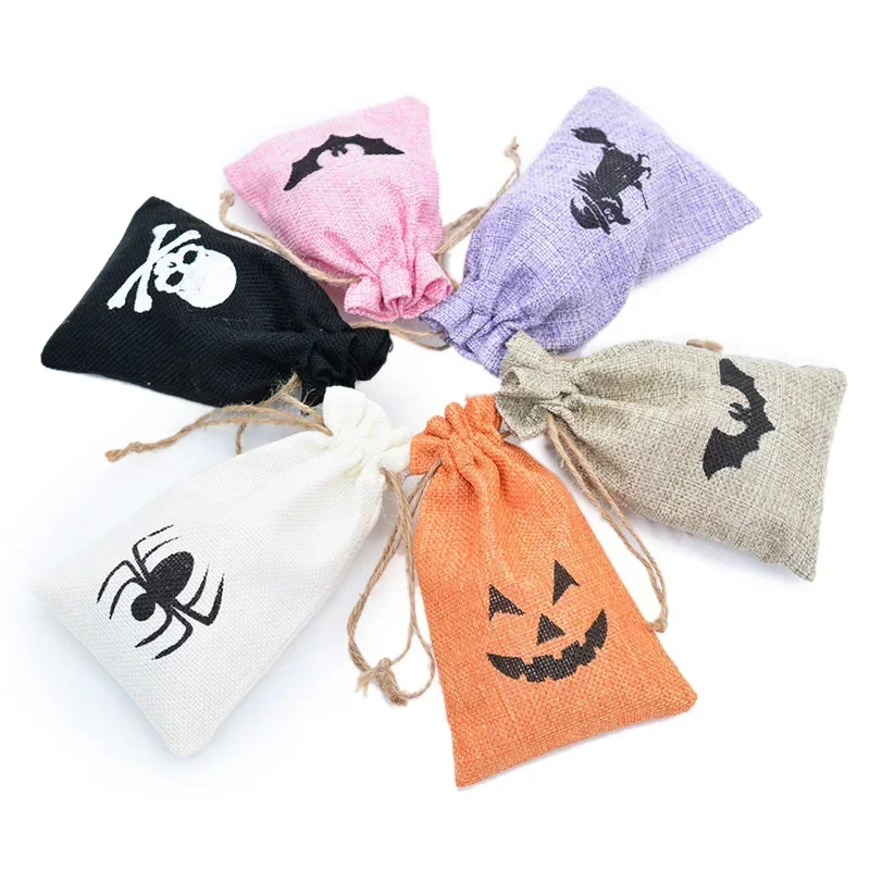 Halloween Candy Bag Drawstring Cotton Linen Snack Storage Holiday Gift Packaging Party Bags Bat Witch Pumpkin Pattern Pouches
