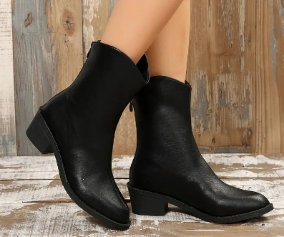 Women's Shoes on Sale 2023 High Quality Zipper Women's Boots Autumn Pointed Toe Solid Mid-Calf Chunky Heels Fashion Shoes Women