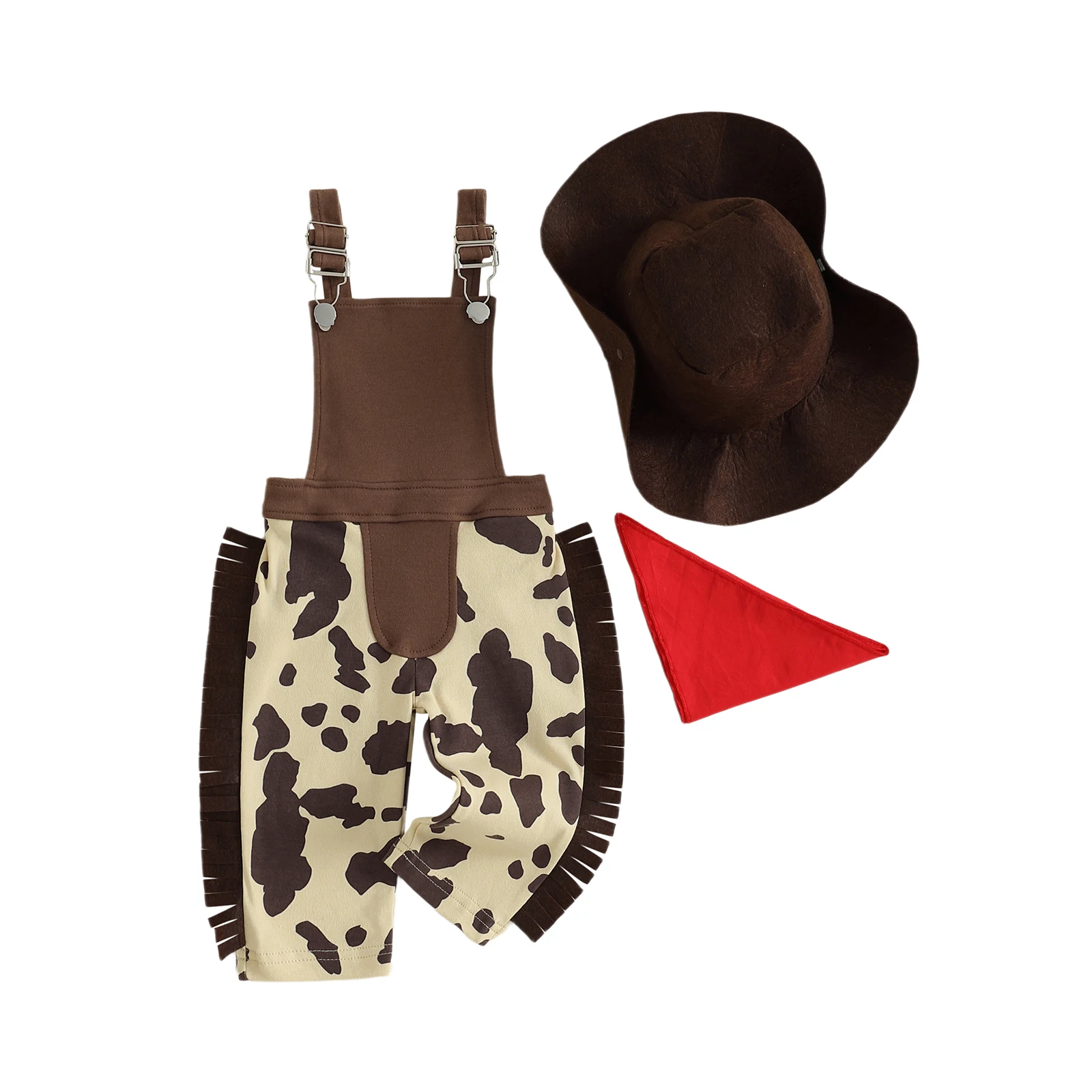 Baby-Western-Kleidung, ärmelloser Overall mit Kuhmuster, Quaste, Cowgirl-Hut und Bandana-Halstuch – Detail 9