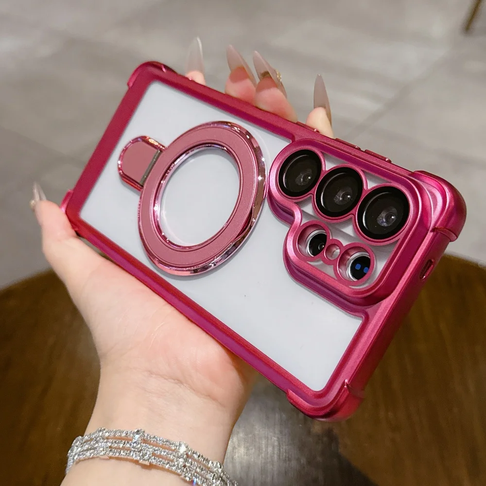 Transparent Electroplated Magnetic Bracket Case with Lens Protector Cover