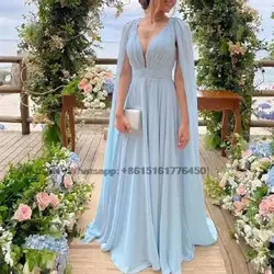 Robe de Demoiselle d'Honneur en Mousseline de Soie, Longue Ligne A, Col Plongeant, Dos aux, Tenue de Soirée, Cape, Bleu Ciel