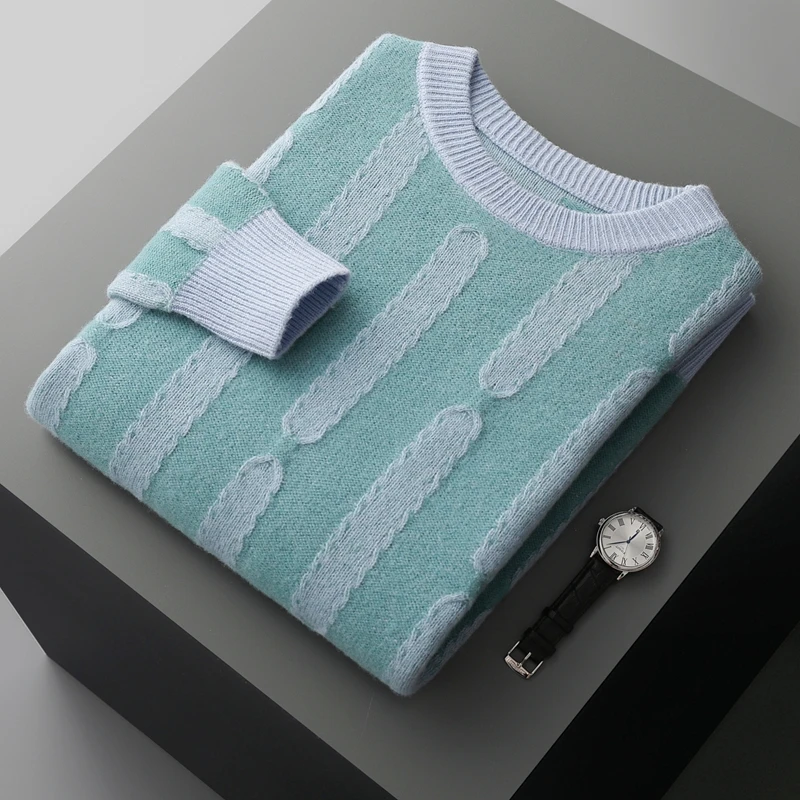 Autumn and winter men's 100% merino wool loose O-neck color matching striped pullover sweater casual cashmere knitted bottoming 4