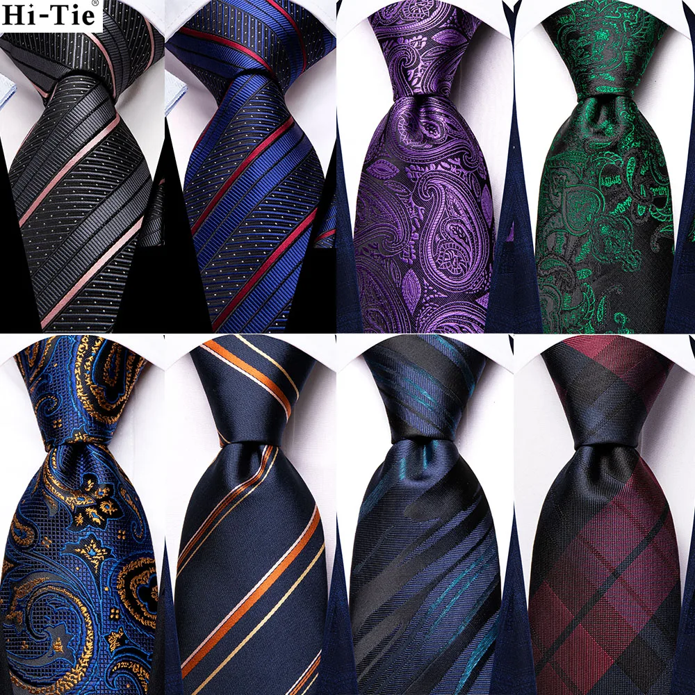 

Hi-Tie Navy Blue Striped Silk Business Tie For Men Handky Cufflink Gift Mens Wedding Necktie Fashion Designer Party Dropshiping