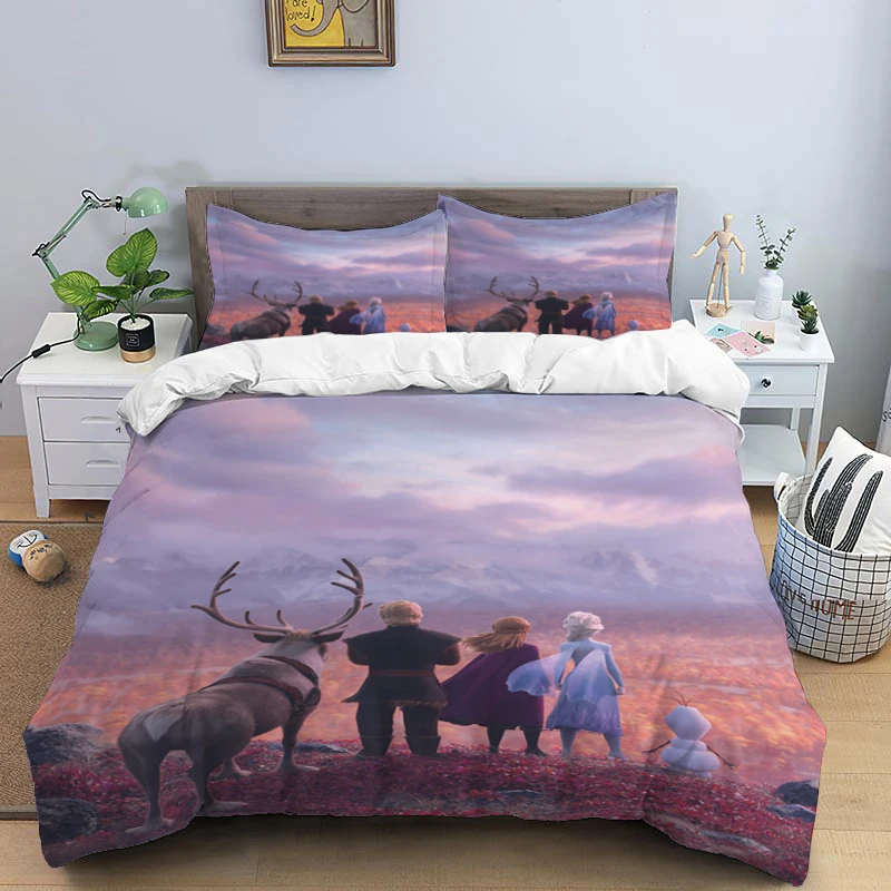 thumbnail image 1 of Juego de cama de tres piezas con estampado de dibujos animados de Disney Frozen Elsa y funda de almohada para niños o adultos, tamaño King, Queen, Full y Twin, 1 of 5