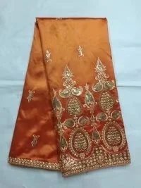 

African George Lace Indian Design Orange Nigerian Wedding Dress Tissu Sequined Gold Line Embroidered Guipure Lace Silk Fabrics