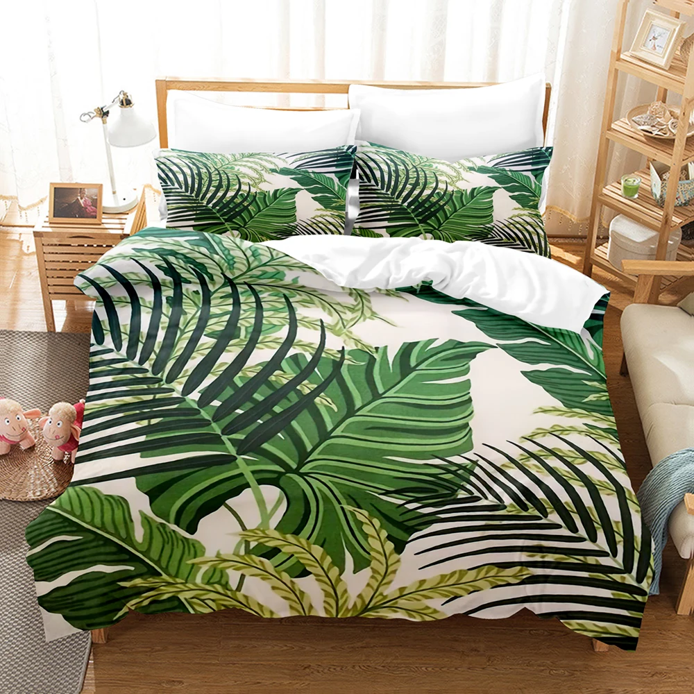 Tropical Palmtree Leaves Bedding Set Simple Quilt Cover Comforter Bed Linen Pillowcase 2/3pcs King Queen Size