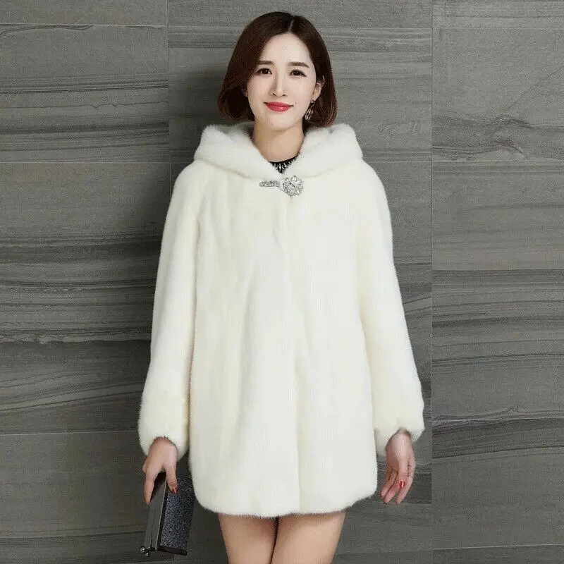 Vintage Hooded Plush Outwear Women Casual Imitation Mink Warm Winter Jacket Loose Oversized Thick Windproof Faux Fur Korean Coat