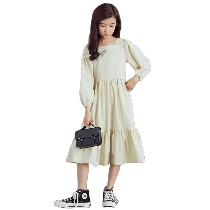 Spring Korean Style Ruffles Dresses For Teenage Girls Square Collar Cotton Solid Loose Midi Dress Kids Children Clothes 13 14 16