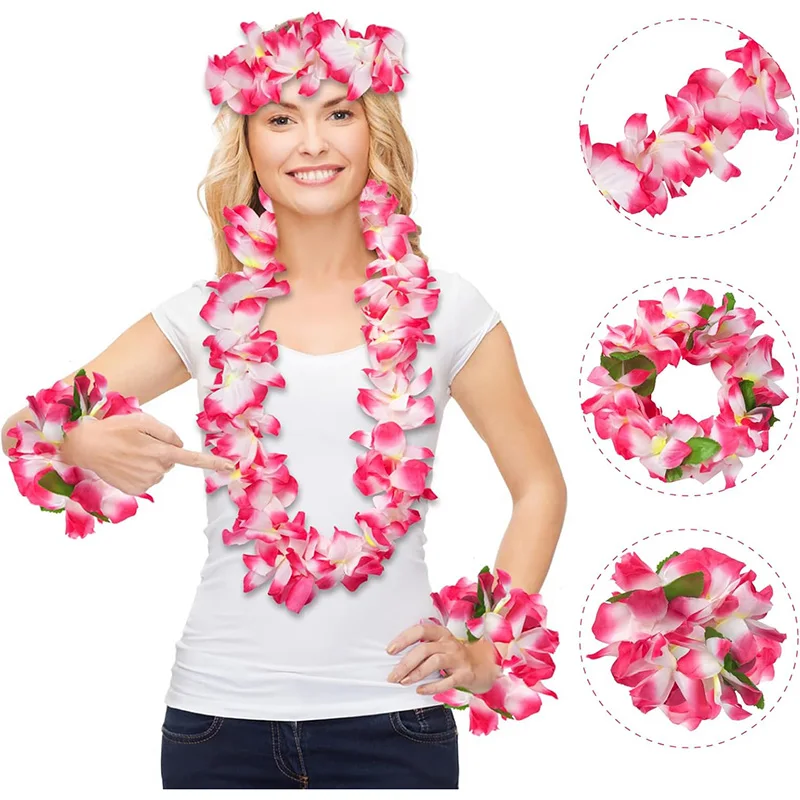 4Pcs/set Hawaiian Leis Garland Bracelets For Luau Summer Tropical Birthday Party Decoration Artificial Flower Wreath Necklace