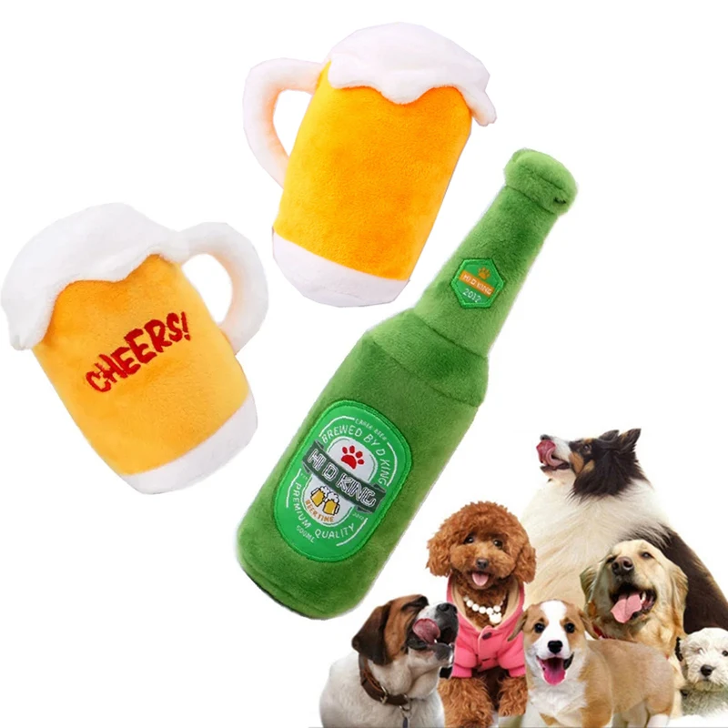 

Dog Plush Toys Squeaky Embroidery Beer Bottle Shape Dog Toy Clean Teeth Chew Toy Pet Supplies Interactive Throw Toys