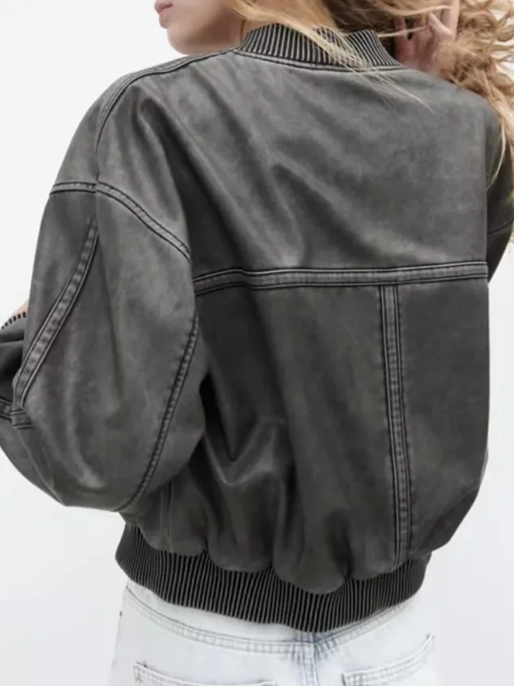 Women's Bombers Jackets Pu Coat Solid Outwear Casual Loose Coat Faux Leather inszaarfLong Sleeve Top Fashion Vintage Woman Coat