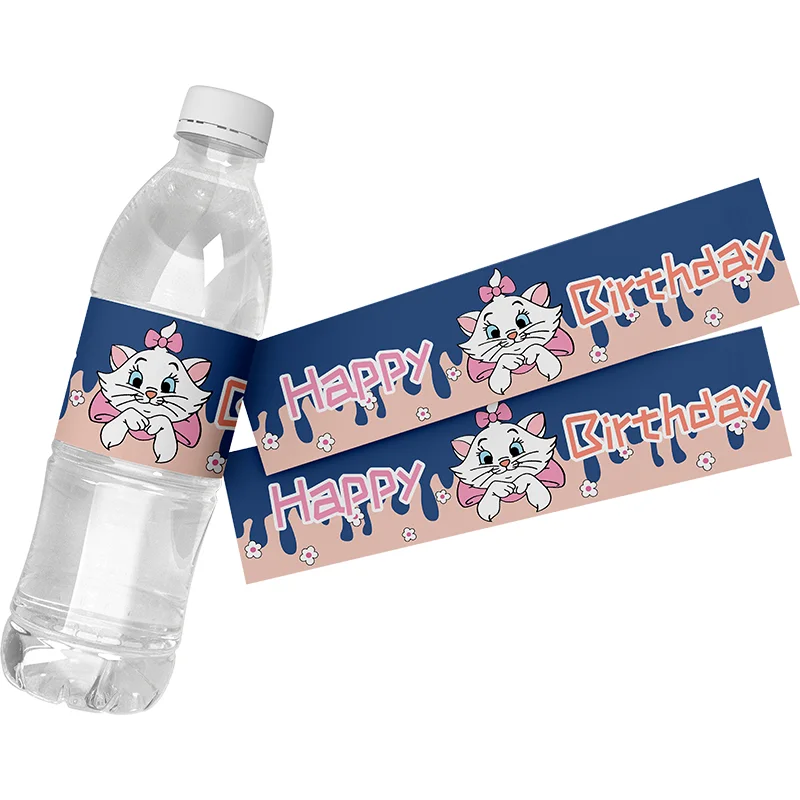 6pcs Disney The Aristocats Marie Cat Pink Happy Birthday Water Bottle Decoration Stickers Supply Baby Shower Party Packing Label