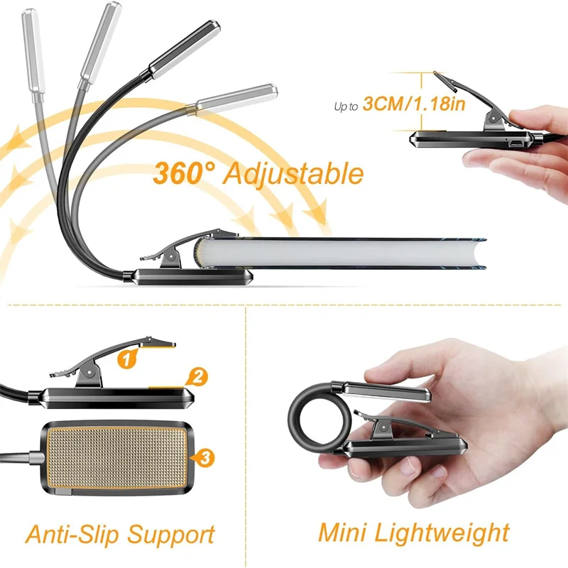 Led Rechargeable Book Light Eye Caring 3 Color Temperatures stepless Dimming Brightness