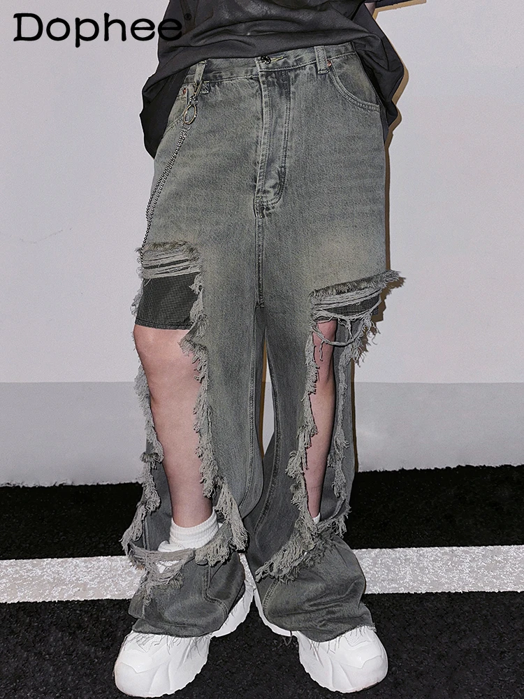 

Fashion Trendy Male Hole Jeans Men's 2024 Summer New Chic Zipper Pencil Pants Loose Comfort Pockets Cotton Straight Trousers