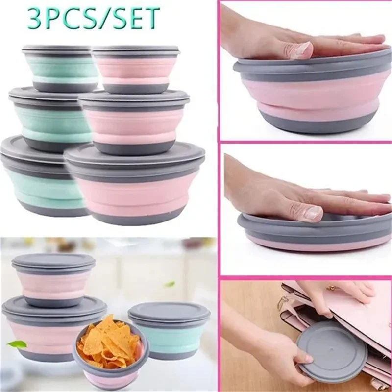 

3Pcs/Set Portable Silicone Folding Bowl Telescopic Collapsible Salad Food Bowl For Kitchen Outdoor Camping Tableware Bento Box
