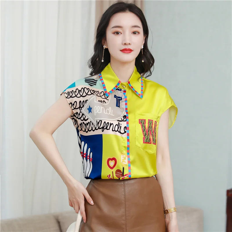 

2022 Summer Blouse Shirt For Women Fashion Printing Short Sleeve Casual Office Lady chiffon Silk Shirts Tops Japan Korean Style