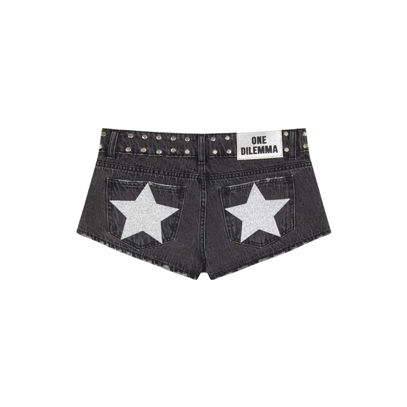 Y2K Low Waist Denim Shorts Women European American Casual Contrasting Loose Fashionable Back Sequin Star Print Hot Pants 6