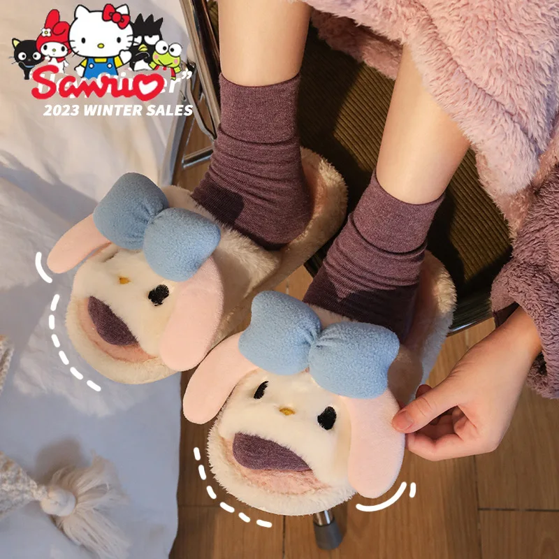 

Sanrio Melody Kuromi Hello Kitty Cinnamoroll Pochacco Cotton Slippers Women's Winter Plush Bottom Indoor Closed-toe Slippers