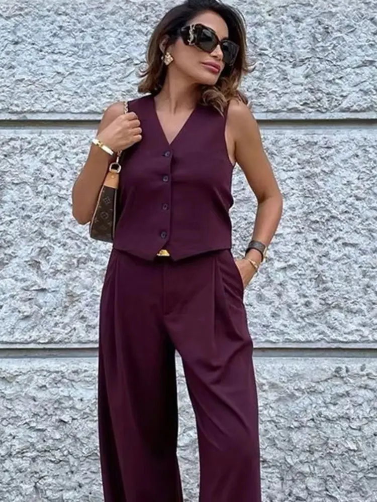HH Women Fashion Burgundy Vest Single Breasted Sleeveless Vest Top 2025 New Fashion Woman Casual Office Lady Chic Tops