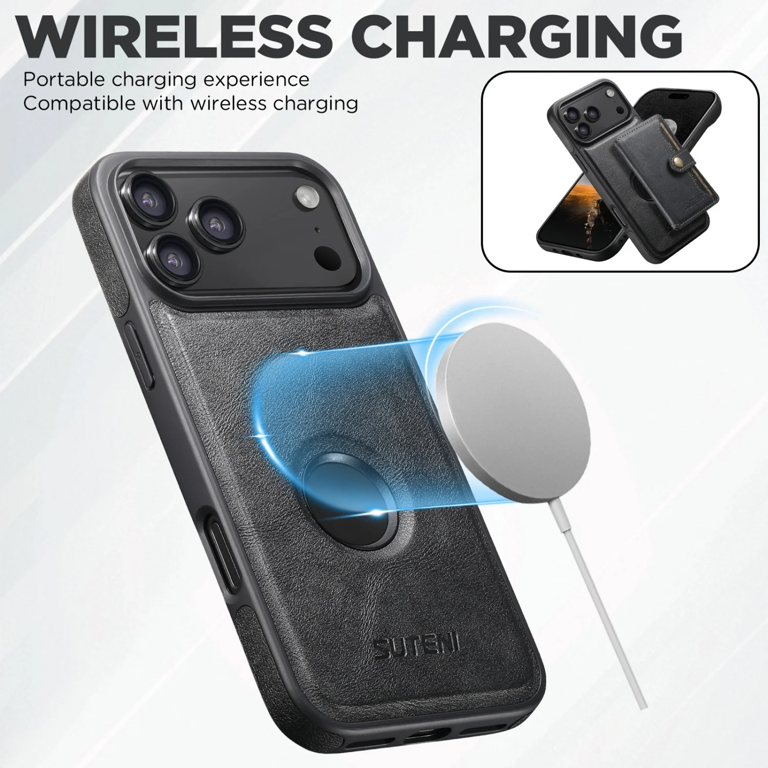 Magnetic Leather Case with Card Holder - All-Round TPU Protection, Two-in-One Design