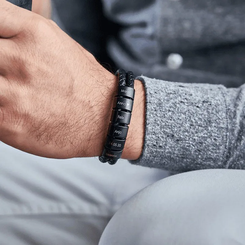 Custom Name Double Layer Leather Men Bracelet Engraving Stainless Steel Beads Family Name Bracelet For Men Jewelry Gift