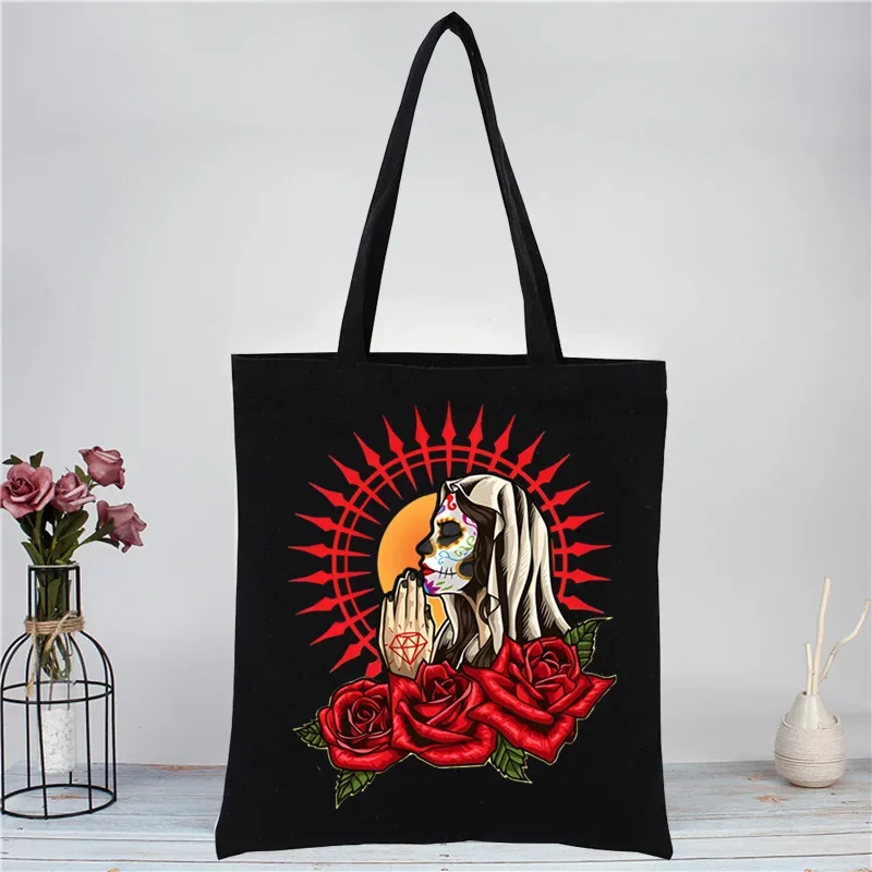 

Santa Muerte Lady of Holy Death Women Shopping Canvas Bag Female Girl Tote Eco Harajuku Shopper Shoulder Bags,Drop Ship