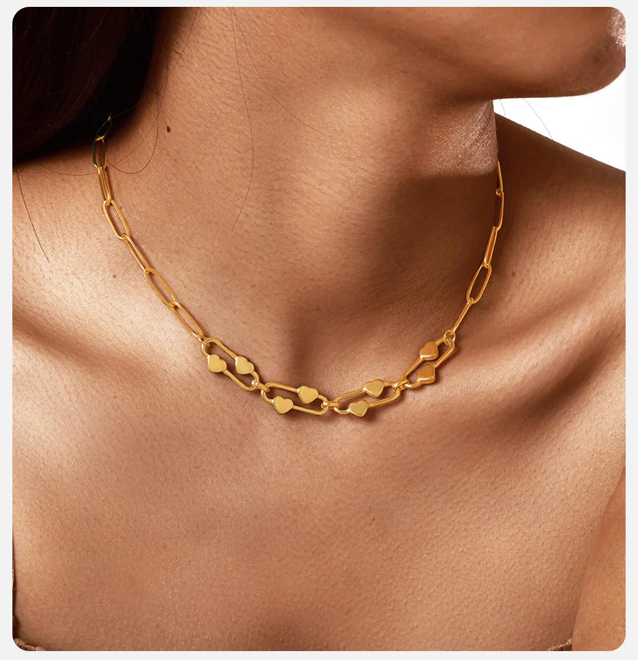 Vnox Modische Büroklammer-Kettenhalskette, Edelstahl-Liebes-Herz-Glieder-Damenhalskette, Charm-Halsschmuck, Geschenk für ihre Mutter – Detail 3