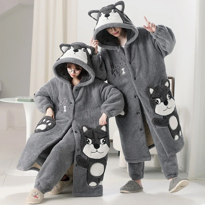 

Winter Kigurumis Dog Pajamas Robes Women Men Thick Warm Nightgown Coral Fleece Long robe Kawaii Hooded Nightdress Adult Pijama