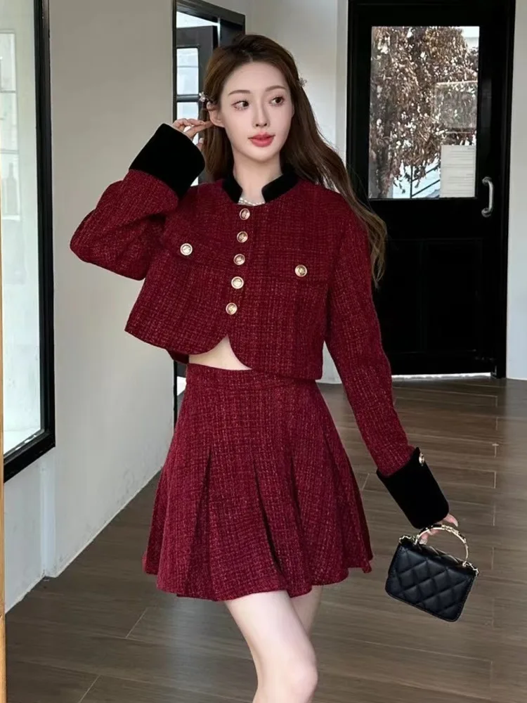 

High Quality Tweed Two Piece Set For Women Winter Thick Conjuntos Femininos Elegantes Fashion Jacket Coat + Skirt 2 Piece Outfit