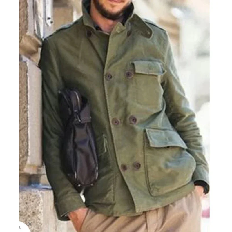

Long Sleeve Men's Overalls Coats Tops 2023 Spring New Fashion Lapel Army Green Double Breasted Large Pocket Coats Clothing Tops