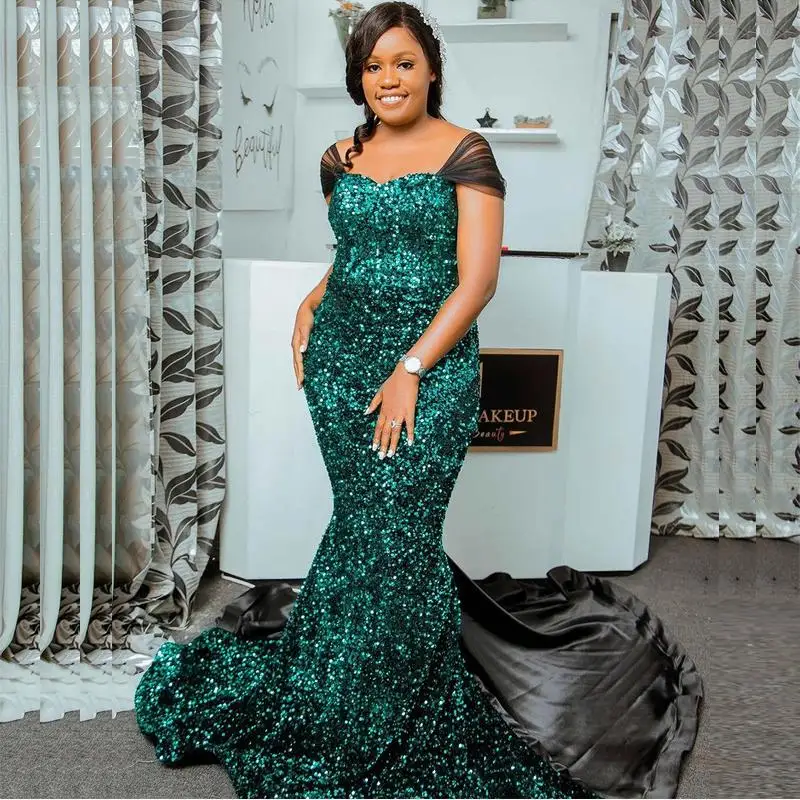 

Aso Ebi African Glitter Sequins Plus Size Evening Dresses Mermaid Sweetheart Prom Gowns Back Sweep Train فساتين للحفلات الراقصة