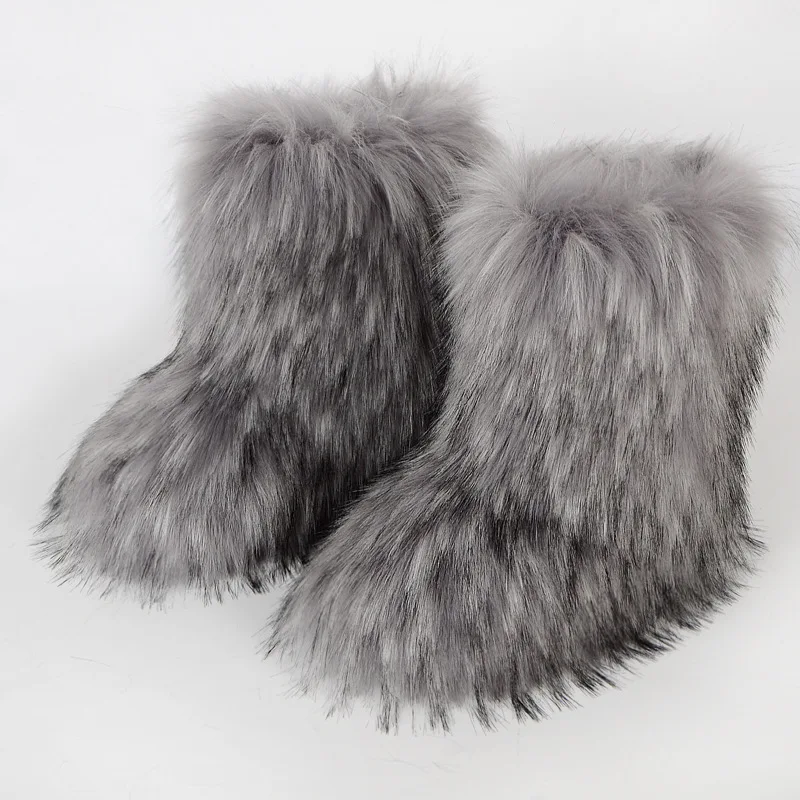 

Winter Fuzzy Boots Women Furry Shoes Fluffy Fur Snow Boots Plush lining Slip-on Rubber Flat Outdoor Bowtie Warm Ladies Footwear