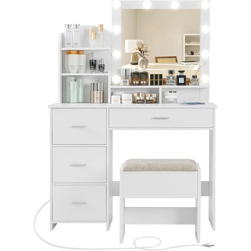 

Makeup Vanity with 10 Light Bulbs and Charging Station, Vanity Desk with Lighted Mirror & 4 Drawers Chest, Vanity Set