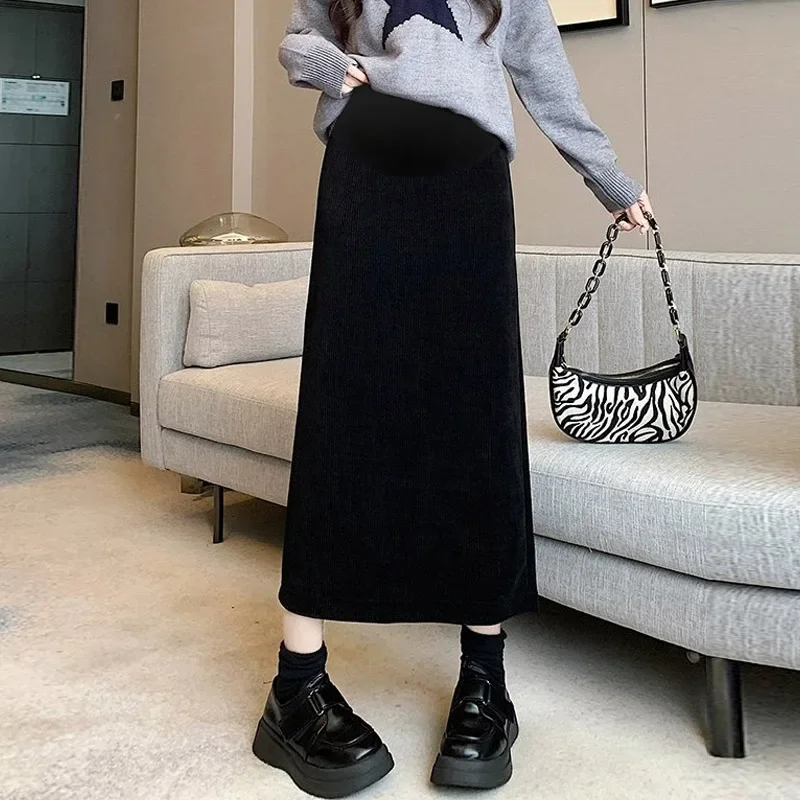 Korean Style Maternity Spring Corduroy Skirt High Waist Back Split Adjustable Pregnant Woman Straight Skirts Woolen A-line Skirt