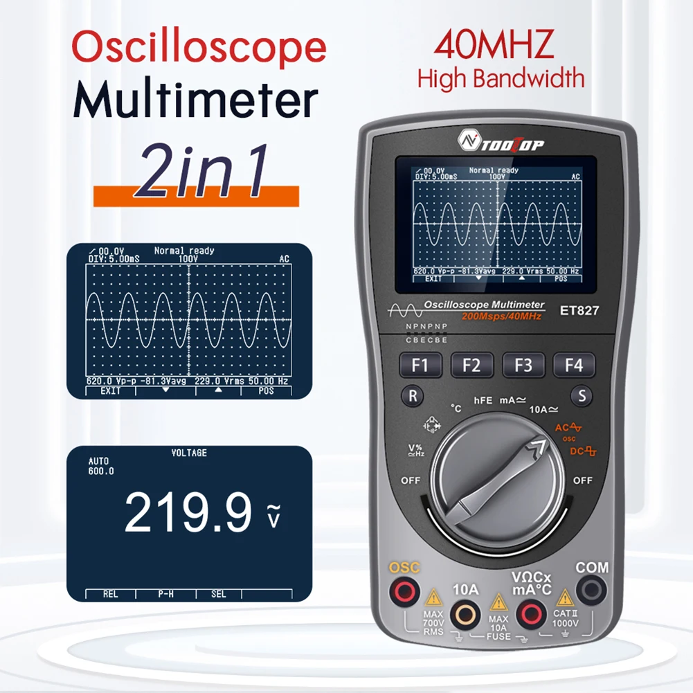 

TOOLTOP ET827 2 IN 1 Handheld 40MHz Oscilloscope Multimeter Transistor HFE Temp Frequency Capacitance Ohm Voltage Current Tester