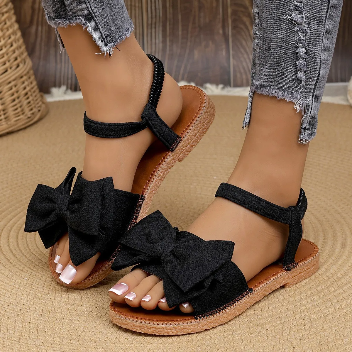 2025 New Women's Counter Sliding Trend Sandals Summer Fashion Beach Casual Slippers Outdoor Bow Elastic Flat Shoes Zapatos Mujer