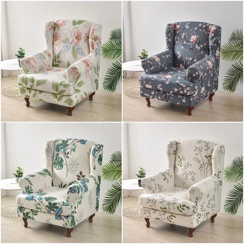 Elastic Wing Chair Covers Floral Print Stretch Wing Back Slipcovers Spandex Relax Removable Sofa Cover with Seat Cushion Cover