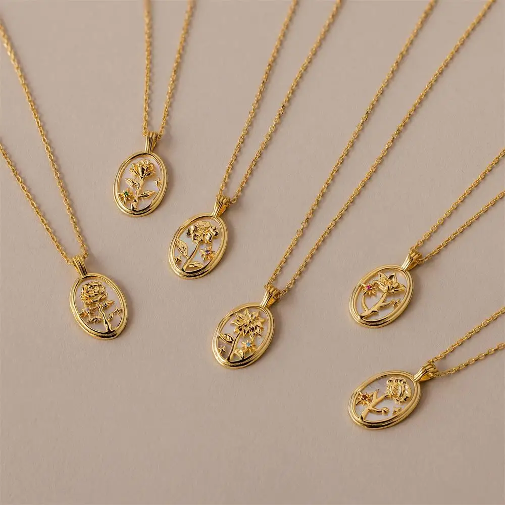 New 12 Month Birth Flower Pendant Neckalce Stainless Steel Oval White Opal Multicolored Zircon Gold Color Choker Birthday Gifts