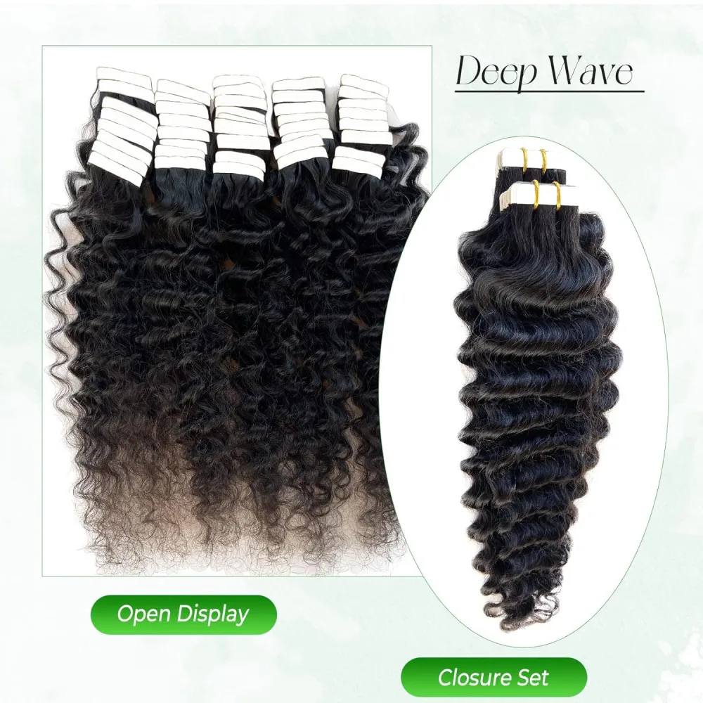 Curly Tape In Hair Extensions Deep Wave Tape Ins Hair Brazilian Natural Human Extensions 16-26 Inches Color #1B For Woman