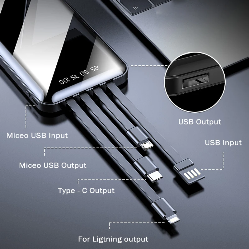 20000Mah Power Bank Cavi Integrati Caricabatterie Portatile Batteria Esterna Carica Rapida Powerbank Per Iphone 14 Huawei Xiaomi Samsung