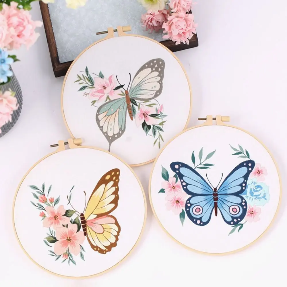 Butterfly DIY Embroidery Kits 3D Flower Landscape Embroidery Stitching Sets Hoop Art Needlework Cross Stitch