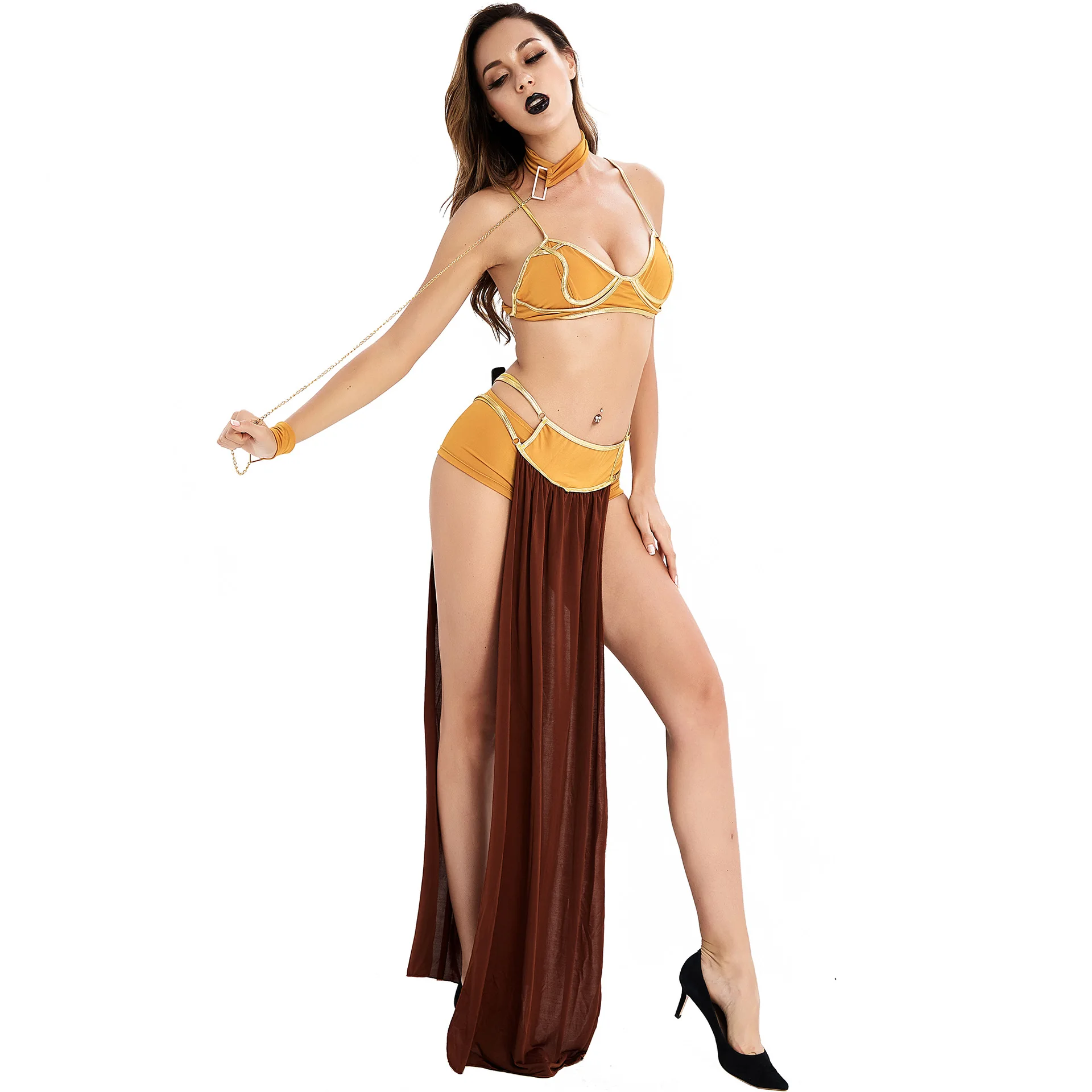 Sexy Cosplay Princess Leia Slave Costume Dress Gold Bra Necklace Egyptian Goddess Costume Set Carnival Stage Performance Costume