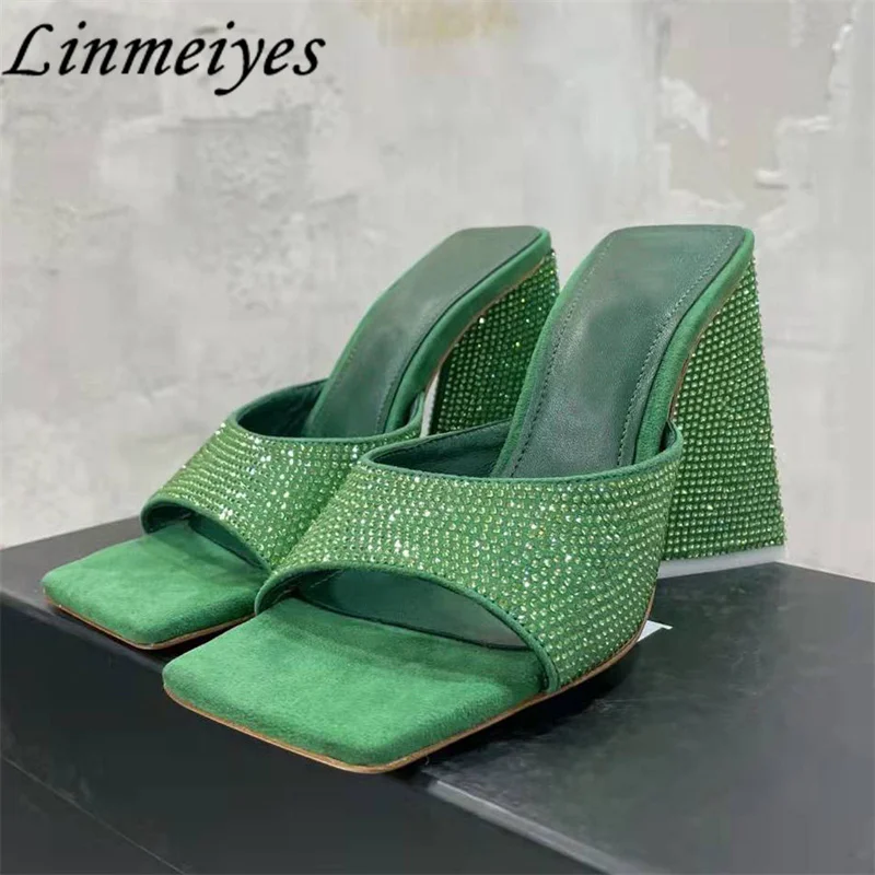 

New Square Open Toe Slippers Women Fashion Crystal Heels Slides Woman Summer Strange Style Heel Party Prom Mules Shoes Woman
