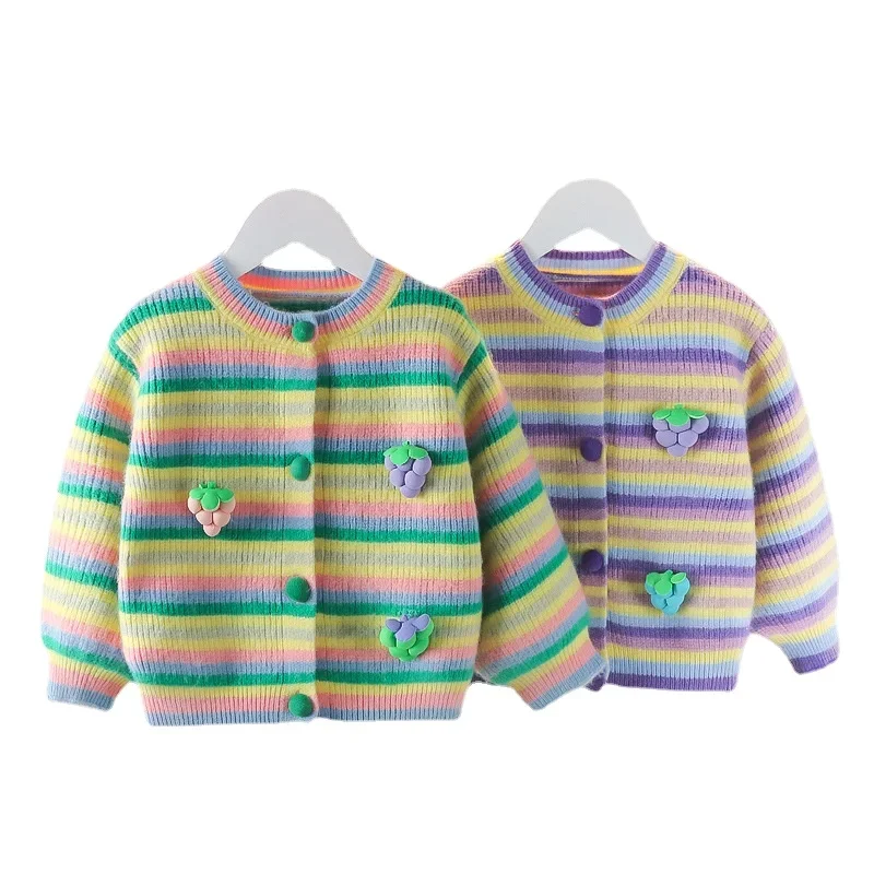 

Girls Striped Knitted Cardigan Jacket 2024 Spring and Autumn New Girls Style Korean Sweater Versatile Tops 9M-4Y 5-day Shipping