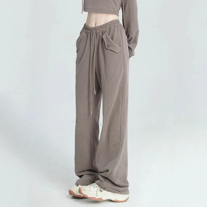 Streetwear Fashion Women Wide Leg Sweatpants Korean Spring Autumn Harajuku Elastic Waist Loose Brown Sports Casual Trousers 2023