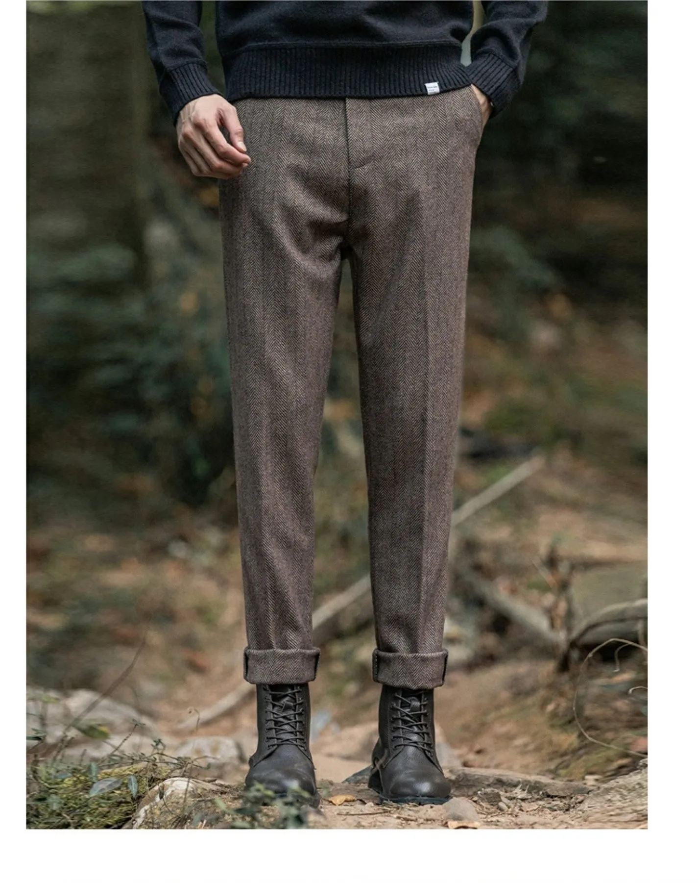 Herrenhose aus Wolle für Herbst und Winter, großes Fischgrätenmuster, britische Retro-amerikanische Freizeithose aus Haremwolle mit geradem Bein – Detail 2